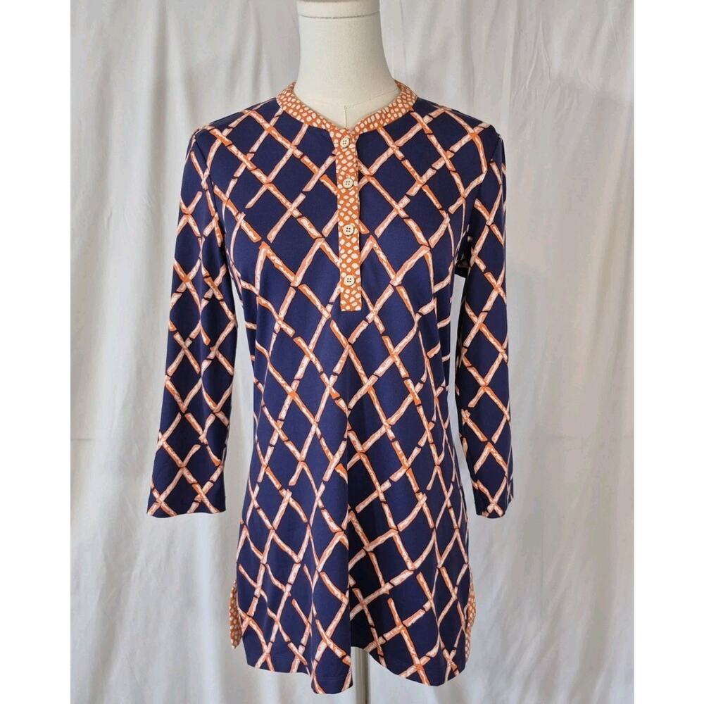 J.McLaughlin Womens Blue Orange Bamboo Lattice Catalina Cloth Top Small